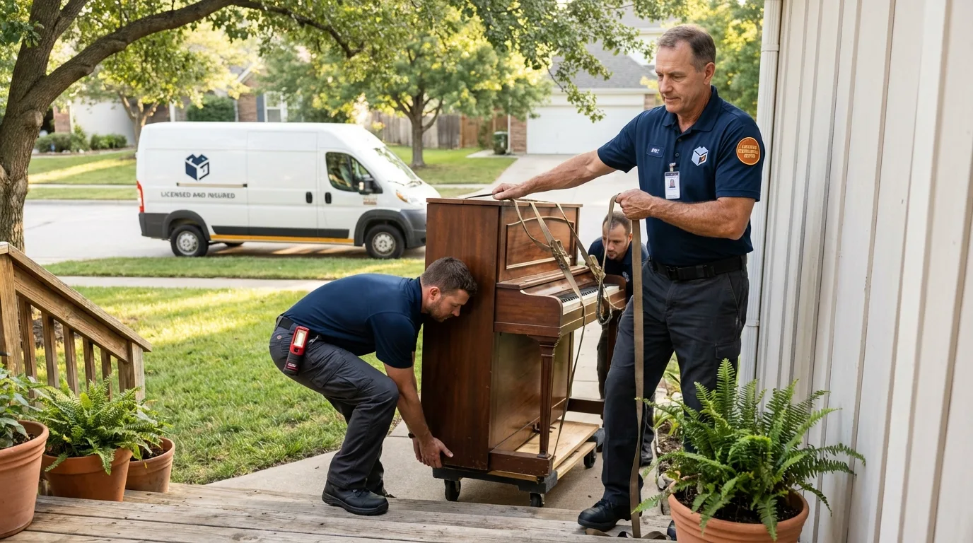 Licensed piano movers securing grand piano in Northfield, MA