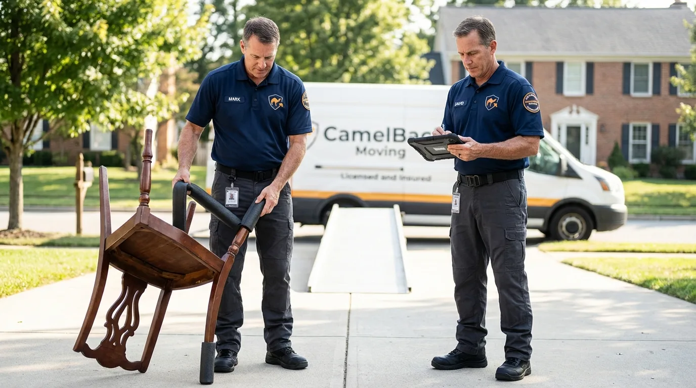 Movers inspecting furniture for damage prevention before loading in Northfield, MA